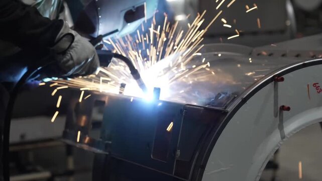 MIG welding with bright sparks flying on washing machine drum component in heavy manufacturing environment