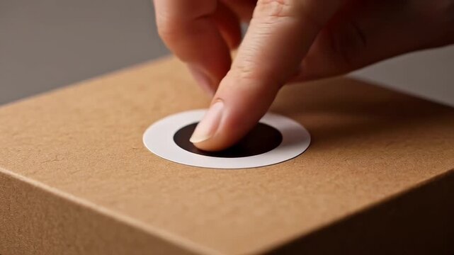 ?Hand peeling a circular sticker from a brown box surface