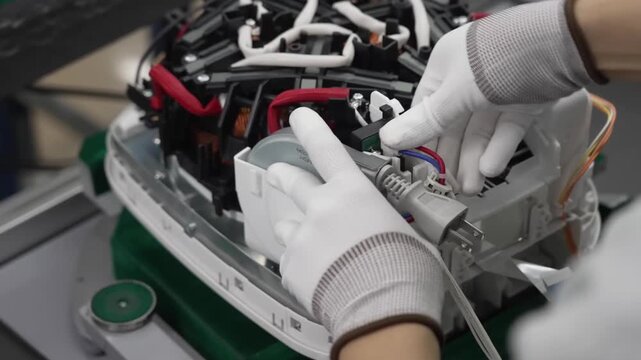 Assembly worker connecting motor component and electrical wires inside rice cooker body on production line