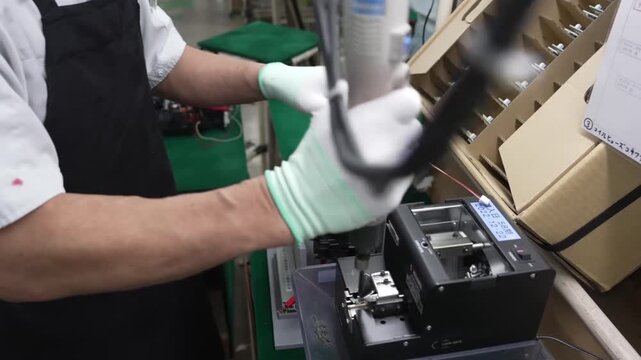 Technician using precision electric screwdriver to secure electronic components on rice cooker control board