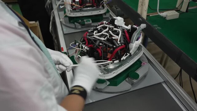 Worker handling partially assembled rice cooker unit with visible wiring on moving assembly conveyor belt