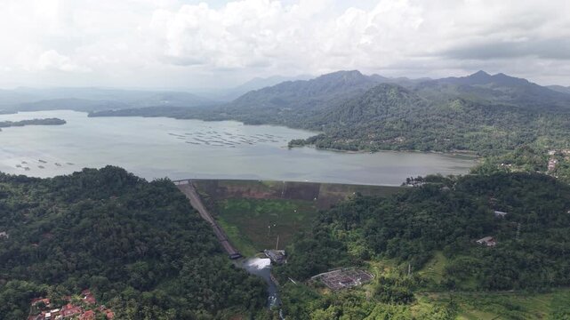 Aerial landscape of the Wadaslintang dam in Wonosobo, Yogyakarta, where there is a hydroelectric power plant