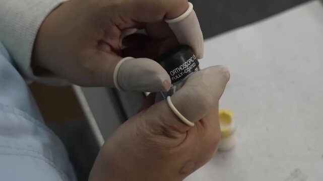 Technician wearing finger cots inspecting fully coated orthoscopic eyepiece lens element at optical workshop
