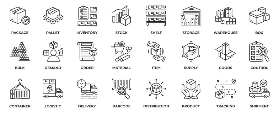 Warehouse Inventory icon set collection in lineal style, an icon pack contain business, logistic, delivery, stock, box, container, distribution, product, tracking and supply . Vector Illustration