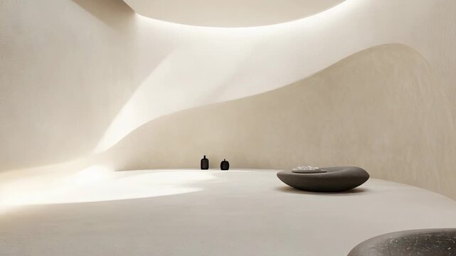 Minimalist interior featuring smooth curving walls, soft lighting, and natural rock like seating creates a serene and zen atmosphere, promoting relaxation and well being