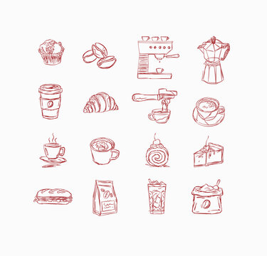 Coffee and bakery hand drawn elements muffin, beans, machine, moka pot, croissant, cake, dessert, bag, sandwich, espresso drawing in linear art style with red on light background