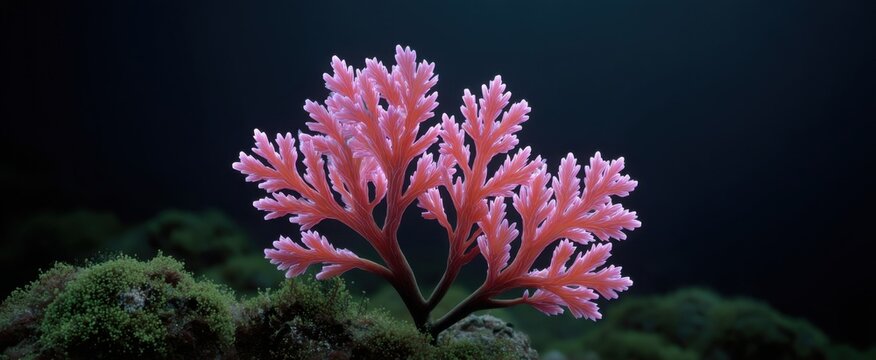 Kerangka terumbu karang neon cemerlang menerangi dasar laut yang gelap dan misterius