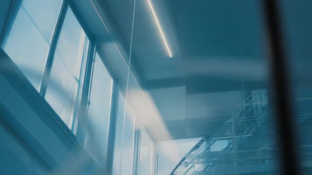 Modern architectural glass and steel elements create a futuristic abstract composition featuring reflections and dynamic lines, evoking a sense of innovation and forward movement in design