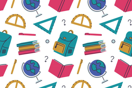 Back to school seamless pattern, flat cartoon globe, backpack, stacked books, open book, protractor, triangle ruler, pencil and marker. Education and school supplies vector illustration