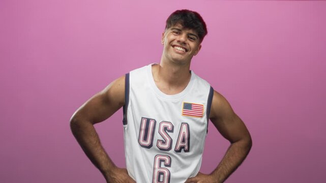 Man in usa basketball jersey posing with hands on hips showing bare arms in studio; confidence team pride.