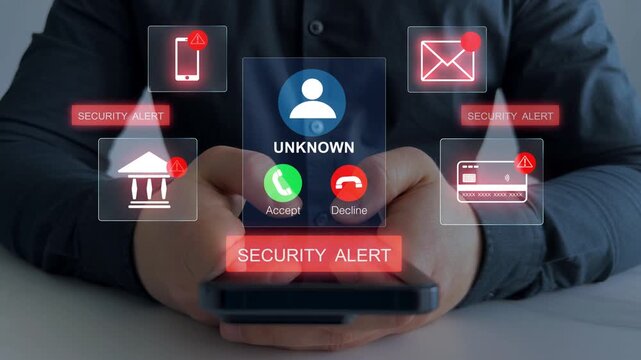 Scam call alert concept showing a suspicious incoming call on smartphone.Unknown Caller fraud risk and warning message highlight phishing, identity theft and the need for caution and digital security.