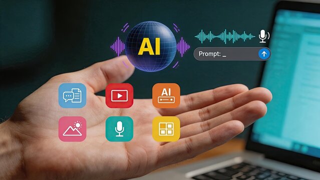 Hand holding artificial intelligence sphere with multimedia icons, voice recognition prompt bar, audio wave signal, creative content generation tools for video image text and