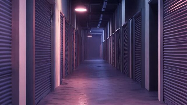 Long self storage corridor with rows of closed metal rollup doors, dim neon purple and pink lights reflecting on concrete floor, moody empty industrial tunnel with vanishing perspective