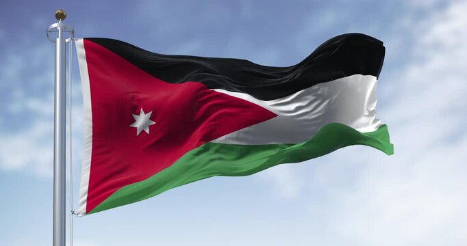 Jordan national flag waving in the wind. Seamless 3d render animation. Slow motion loop. Selective focus