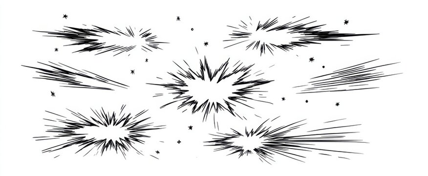 Cartoon sketch motion blur effect with dynamic speed lines and explosive energy illustrations.