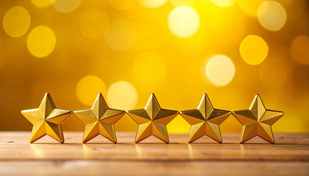 Five glowing golden stars on wooden table, yellow background, premium service and excellence symbolism, top rating, best quality.