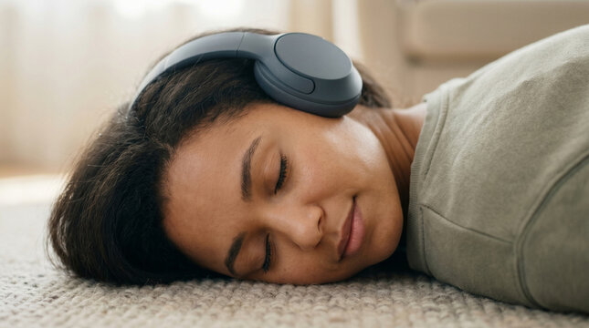 Extreme close-up of a young woman wearing headphones while relaxing on the floor, practicing mindfulness and mental health wellness through audio self-affirmations and breathing exercises in a minimal