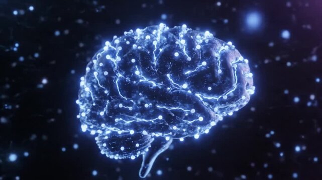 Futuristic AI brain technology with neural networks and digital intelligence in a virtual space
