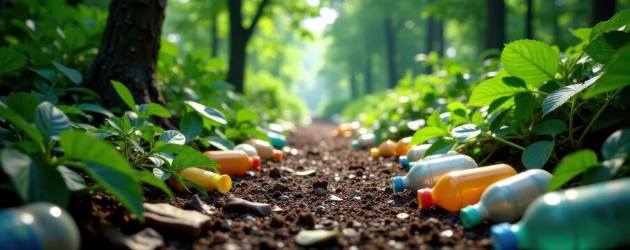Dirty plastic bottles and bags litter a jungle floor , ecology, nature, bags