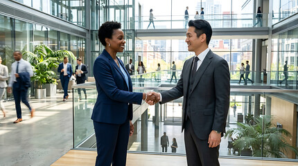 Fototapeta premium A successful professional team of businesspeople including a businessman and businesswoman engage in a corporate handshake at the office building to celebrate teamwork and company success