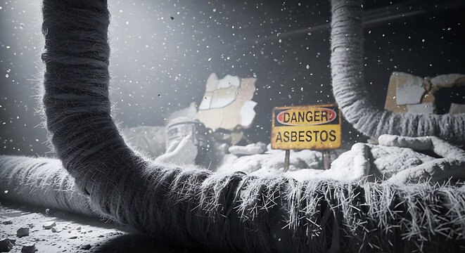Dangerous Airborne Asbestos Fibers in a Contaminated Attic with Hazard Warning Sign and Damaged Pipe Insulation for Remediation Abatement and Health Inspection Services