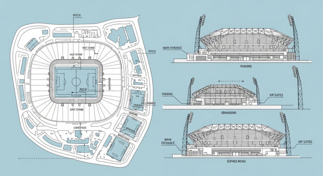 Architectural Blueprint of a Modern Sports Stadium Design.