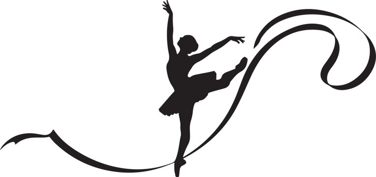 Ballet dancer silhouette, dancing ribbon, black vector icon, dance logo, artistic illustration