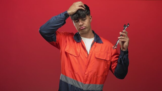 Young man mechanic in orange uniform scratches his head and holds a wrench against a red studio backdrop; frustration.
