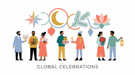 Fototapeta premium Illustration of diverse people celebrating global traditions with various cultural symbols and decorations on a white background.