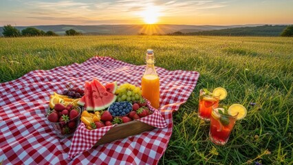 Obraz premium Picnic spread with fruit and drinks on a red checkered blanket at sunset