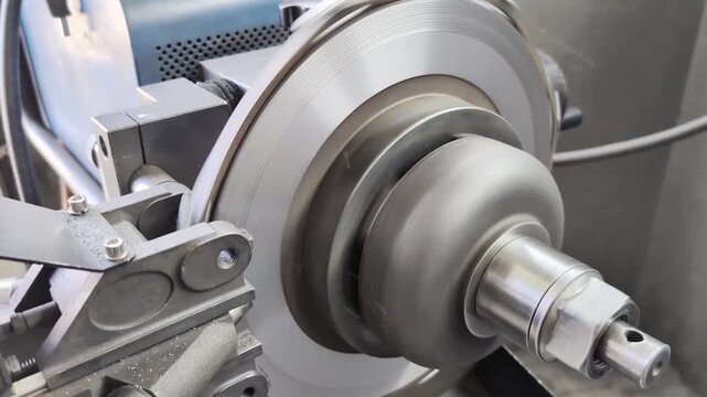 Close up of car brake disc resurfacing and skimming on a lathe machine in an auto repair shop, a meticulous process for restoring optimal braking performance