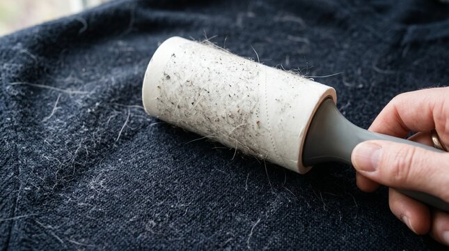 Hand using lint roller to remove pet hair from dark clothing  