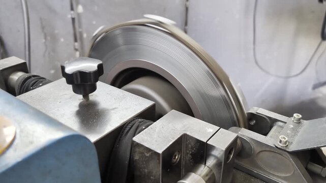 Industrial balancing machine testing a rotating car brake disc for runout and vibration in an automotive parts manufacturing factory, ensuring quality control