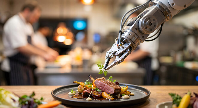 Robotic arm garnishes gourmet dish with fresh herbs in professional kitchen environment.