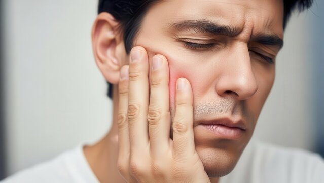 A man with a painful expression holding his cheek, possibly suffering from a toothache or jaw pain, with a red highlight indicating the source of discomfort.