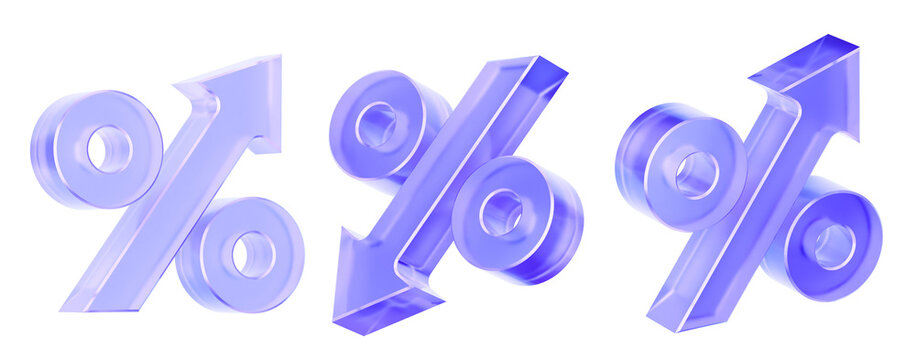 3D Set of percentage icons on transparent background, concept of percentage. Transparent Liquid Glass icon. 3D render. 3D rendering