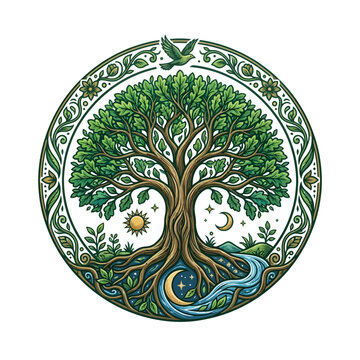 Green tree of life illustration with roots and sun