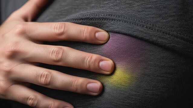 A person's hand gently touching a large, discolored bruise on their side, showing purple and yellow hues.
