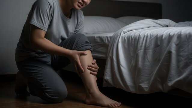 A person suffering from a painful leg cramp or muscle spasm in their calf while kneeling on the bedroom floor next to a bed.