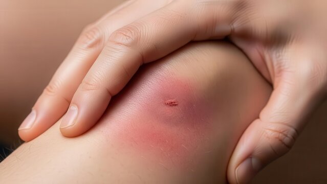 A person's hand touching an inflamed knee with a red rash and small wound, possibly from an insect bite or infection.