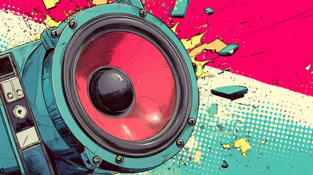 Explosive retro speaker pop art background with vibrant neon colors and comic style textures, energetic music inspired illustration ideal for audio branding, festival posters and entertainment themed 