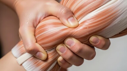 Naklejka premium Close-up of hands demonstrating muscle manipulation on a detailed anatomical arm model.