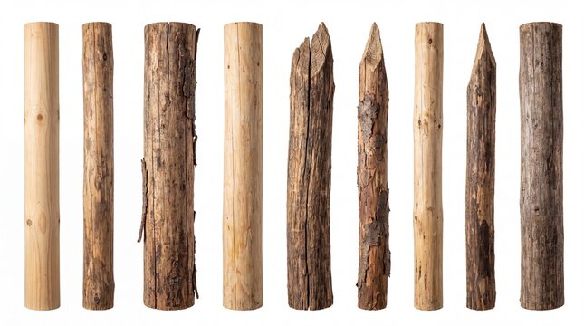 Collection of multiple rustic wooden logs arranged neatly in a vertical row on white background