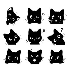 Cute Anime Cat Head Silhouette Set with Various Expressions © Fendy