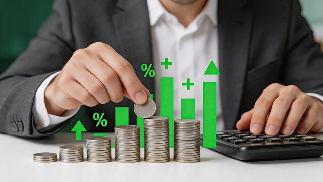 Hand placing coin on stack with rising bar chart, financial growth and investment profit concept for wealth accumulation and economic success planning in corporate office setting