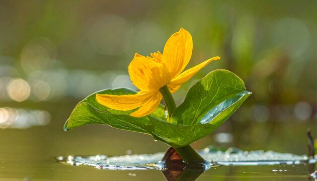 Yellow water lily blooming on calm pond surface in natural light
