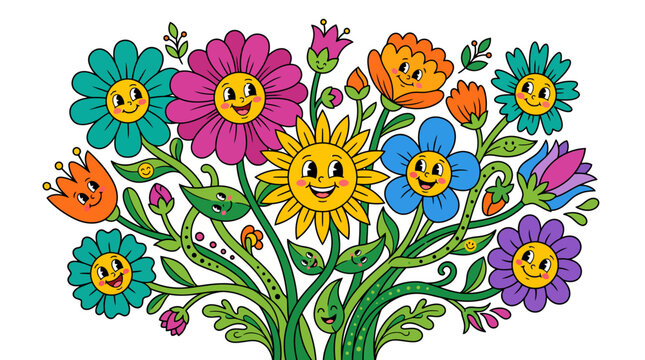 Flowers with Smiling Faces in a Whimsical Floral Illustration 61 90 Characters