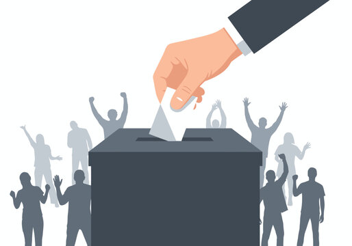 People casting ballot into box surrounded by cheering crowd