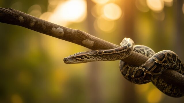 Snake coiled around branch, focus on head, blurred background