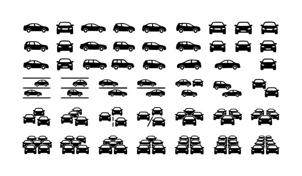 Car icon set with traffic jam and automobile symbols black vector illustration